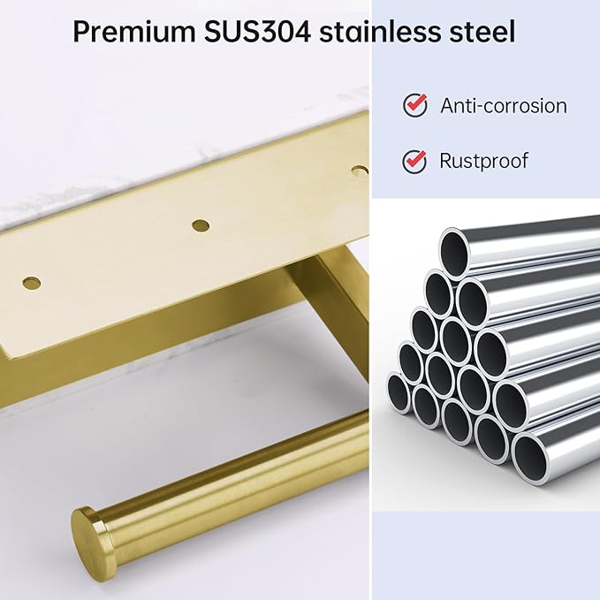 Toilet Paper Holder with Marble Shelf, SUS304 Brushed Gold Stainless Steel Wall Mounted Natural Marble Toilet Paper Holder and 2PCS Adhesive Hooks for Bathroom Washroom