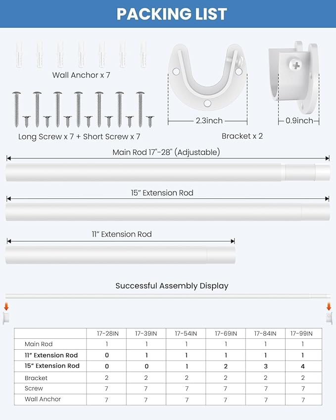 2 PACK Closet Rods for Hanging Clothes, 17 to 28 Inches Stepless Adjustable Metal Closet Rod, 1.3 Inches Heavy Duty Clothes Hanging Rod for Closet Wardrobes Laundry RV, White