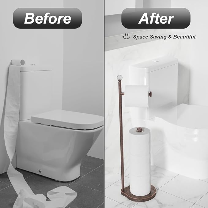 Toilet Paper Holder for Bathroom, Heavy Weighted Metal Free Standing Toilet Paper Storage with Crystal Ball, Toilet Paper Stand for Bathroom Accessories, Oil Rubbed Bronze [Holds MEGA Rolls]