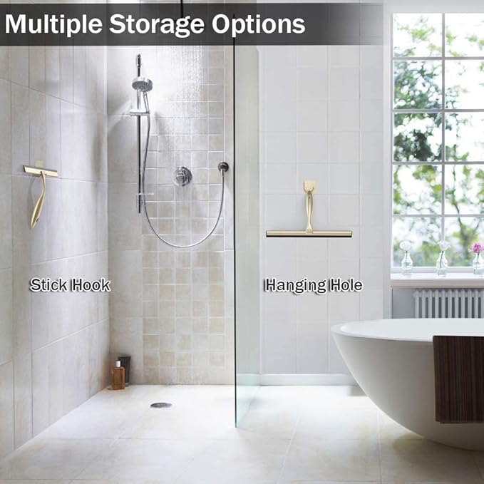 OPERNEE Shower Squeegee with Self Adhesive Hook, 12 Inches Stainless Steel Squeegee Cleaner, All-Purpose Window Scraper for Bathroom Doors, Mirror, Windows and Car Glass, Brushed Gold