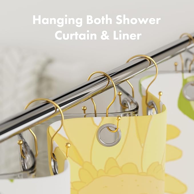 AmazerBath Shower Curtain Hooks, Dark Gold Shower Curtain Rings, Simple Double Hook Shower Curtain Hooks Rust Proof, Metal Smooth Shower Hooks for Shower Curtain Rod, 12 Pcs Shower Rod Hook
