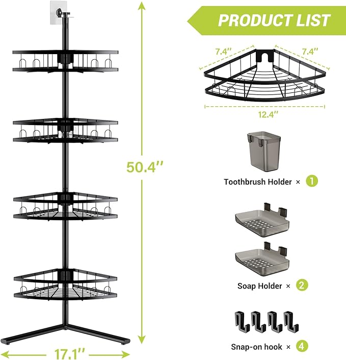 Floor Standing Corner Shower Caddy: 4-tier Rustproof Freestanding Shower Organizer Shelf for Inside - No Drilling Bathroom Rack Stand Black