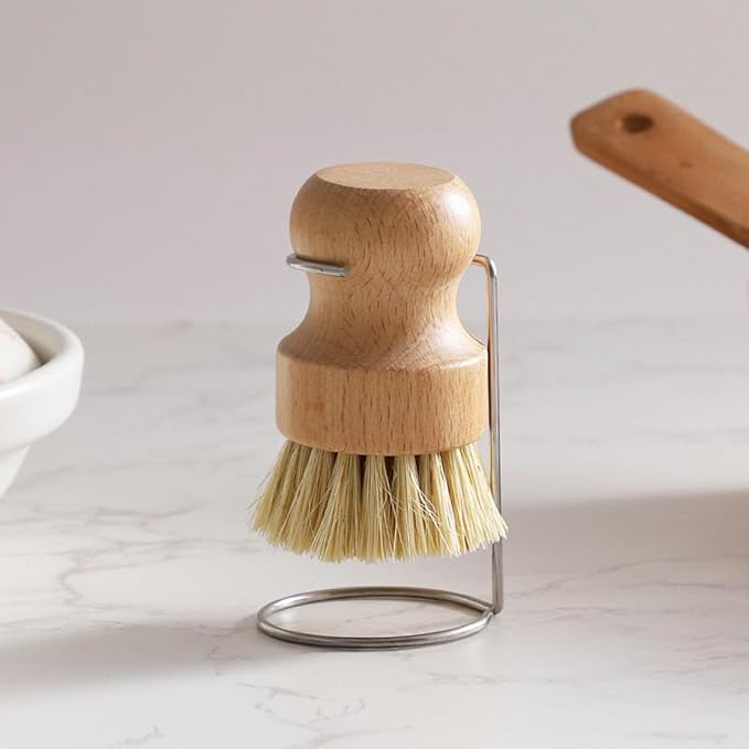 Dish Scrub Brush | Bristles Scrubber Cleaner with Wooden Handle and Drain Rack | Kitchen Dish Scrubber Brush | for Pans Cleaning Shower Bathroom Grout Tile Washing