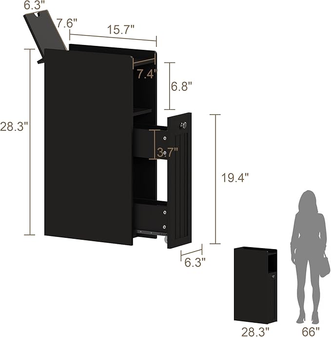 ChooChoo Slim Bathroom Storage Cabinet, Narrow Small Bathroom Organizer with Slide Out Drawer Storage, Toilet Paper Holder, for Small Spaces, Black