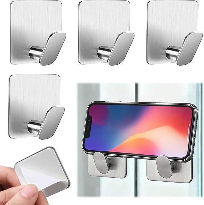Adhesive Shower Hooks Heavy Duty Metal, Brushed Nickel Towel Hooks Stick On Wall Hanger for Hanging Coat, Hat, Robe Hook for Bathroom Kitchen Decorations, 304 Stainless Steel (4 Packs)