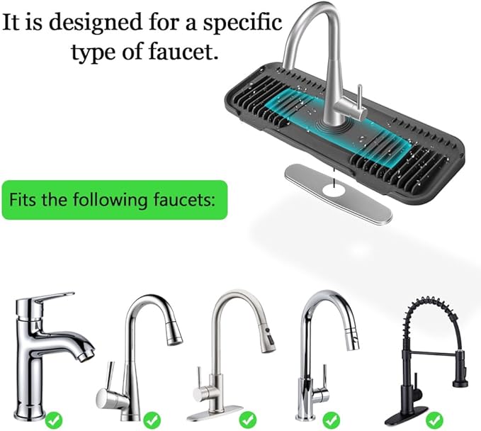 Kitchen Faucet Mat, DK-SIMINA Silicone Faucet Mat Silicone Faucet Drip Catcher with Cuttable Circular Central for Kitchen Sink, Tailor-Made for Faucets with Deck Plate【Black】
