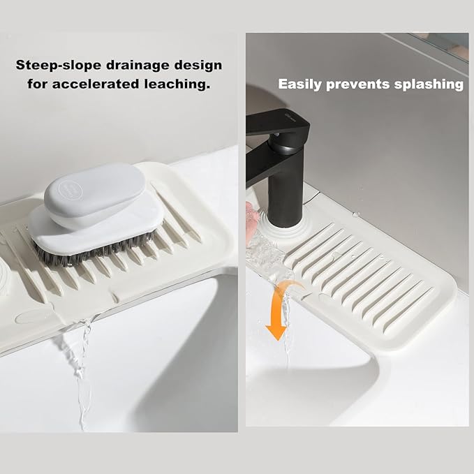 Kitchen Silicone Sink Splash Guard, 5° Slope Type Design Sink Mat,Sink Faucet Handle Drip Catcher Tray Mat Protectors,Sponge Holder and Bathroom Countertop Protect(include 1pcs extra storage mat)