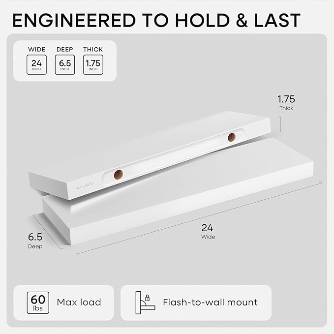Homeforia White Floating Shelves 24 inch, High End Solid Real Wood 24inch Bathroom Floating Shelf for Wall Mounted, White Wooden 24in Floating Shelves, Heavy Duty Bracket, 24 X 6.5 X 1.75 in, Set of 2