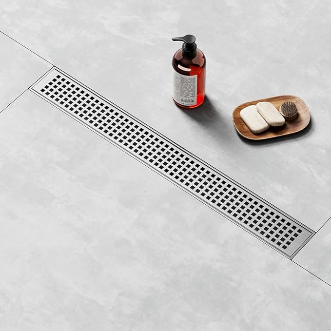 Linear Shower Drain 24 Inch, Brushed AISI 304 Stainless Steel Shower Drain with Square Hole Panel, for Bathroom, Kitchen, Garage & More