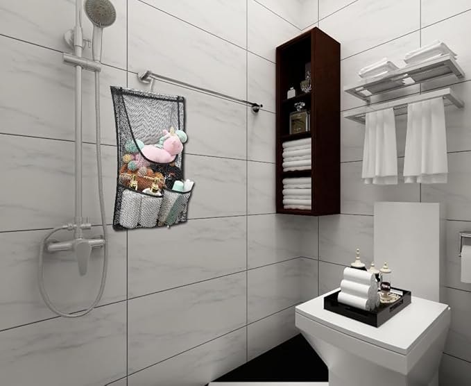 Jelier Hanging Bath Toy Storage Organizer,Mesh Shower Caddy with Hanger,Toy Storage Net Bag for Kids Bathroom Decor Bedroom (black)