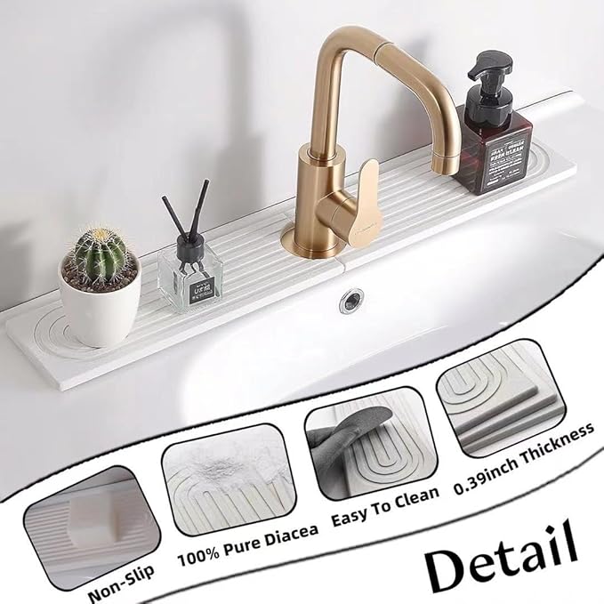 Stone Faucet Mat for Kitchen Sink, 23.6'' Long Quick Drying Absorbent Diatomite Sink Tray, Faucet Splash Guard for Kitchen,Bathroom Counter, Prevents Moisture, Super Absorbent, White