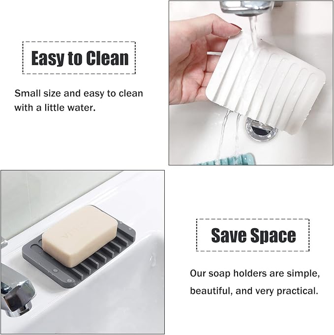 4PCS Premium Silicone Self-Draining Soap Holders, Waterfall Drainer Soap Savers for Bathroom, Kitchen & Bath Tub - Extends Soap Life, Easy Clean (White & Teal)