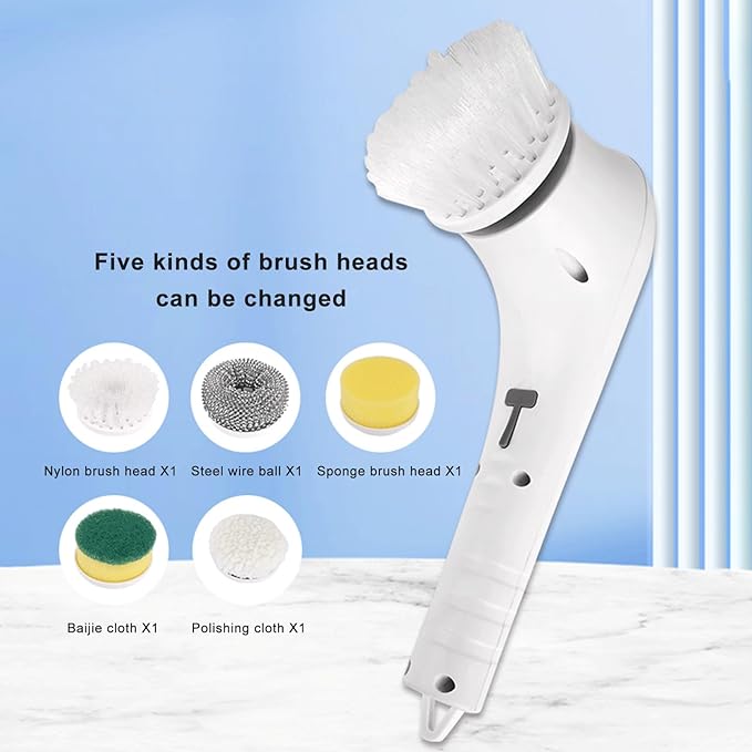 Generic Electric Rechargeable Cleaning Tools Electric Cleaning Brush for Bathroom Electric Cleaner with 5 Replaceable Shower Cleaning Brush Heads for Wall, Tile, Bathtub, Window, White