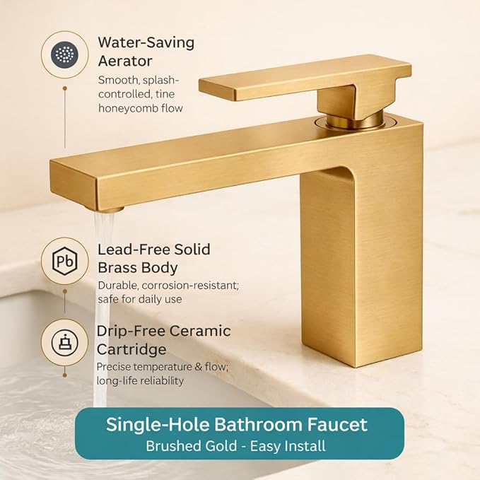 Single Hole Bathroom Faucet， Brushed Gold Brass Faucet for Bathroom Sink, CUPC Hose, Pop-Up Drain & Anti-Splash Bubbler， Easy-Install for Farmhouse, RV & Vanity