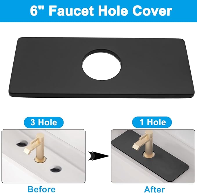 Biaungdo 6" Hole Cover Deck Plate, Matte Black Escutcheon Plate Stainless Steel Bathroom Faucet Plate Rectangle Faucet Cover Plate for 1 or 3 Hole Bathroom Vanity Sink Faucet