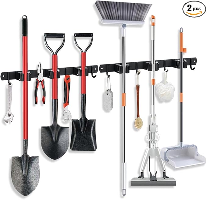 2 Pack Broom Hanger and Mop Holder, Heavy Duty Garden Tool Organizer Rack Rake and Shovel Handle, Stainless Steel Wall Mounted Utility Rack with Screws (3 Racks with 4 Hooks, Matte Black).