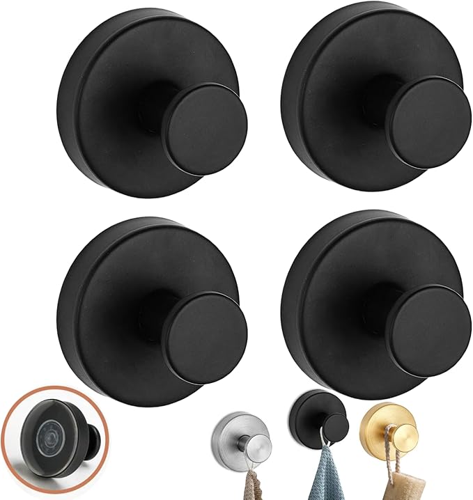 Luxe Hold No-Drill Hooks, 2024 Upgraded Suction Cup Hooks, Stainless Steel Waterproof Suction Cup Hooks for Shower, Bathroom, Hanging Towels, Mounting on Glass Shower Doors, Tile, Mirrors (Black*4)
