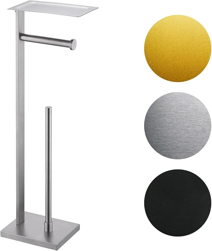 Miyili Bathroom Lavatory Toilet Tissue Roll Holder Stainless Steel Freestanding Toilet Paper Holder with Shelf Square Style Brushed Finish, F04N2