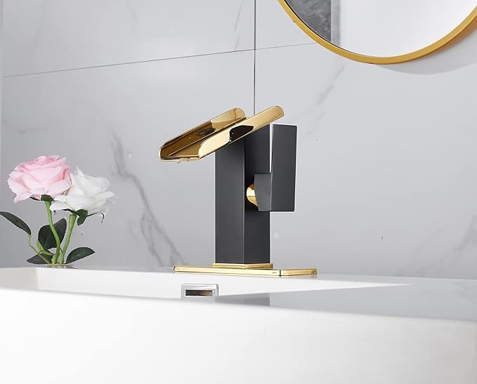 One Hole Bathroom Faucets LED Waterfall Spout Black and Gold RGB 3 Colors Light Changing Temperature Lavatory Vanity Sink Faucet Brass Single Handle Modern Washbasin Bath Tap Commercial Residential