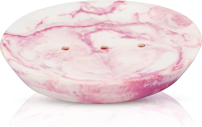 Ajuny Marble Resin Soap Dish Self Draining Oval Bar Soap Holder White & Pink Countertop Tray Soap Saver for Bathroom Shower Kitchen Sink & Bathtub Easy to Clean