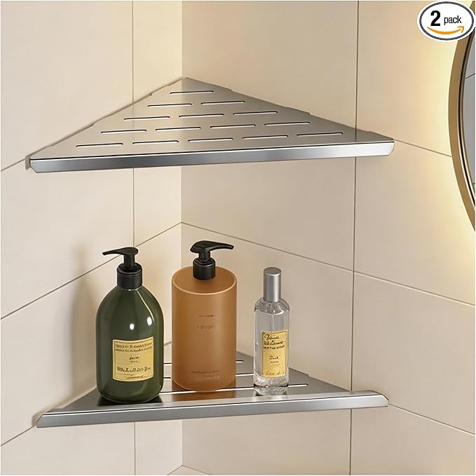 YACVCL Corner Shower Shelf,Brushed Nickel 304 Stainless Steel 10" Slot Design Recessed Corner Shelf Bathroom for Tiled Wall,No-Drill Rack Storage Bathroom Accessories,2 Pack