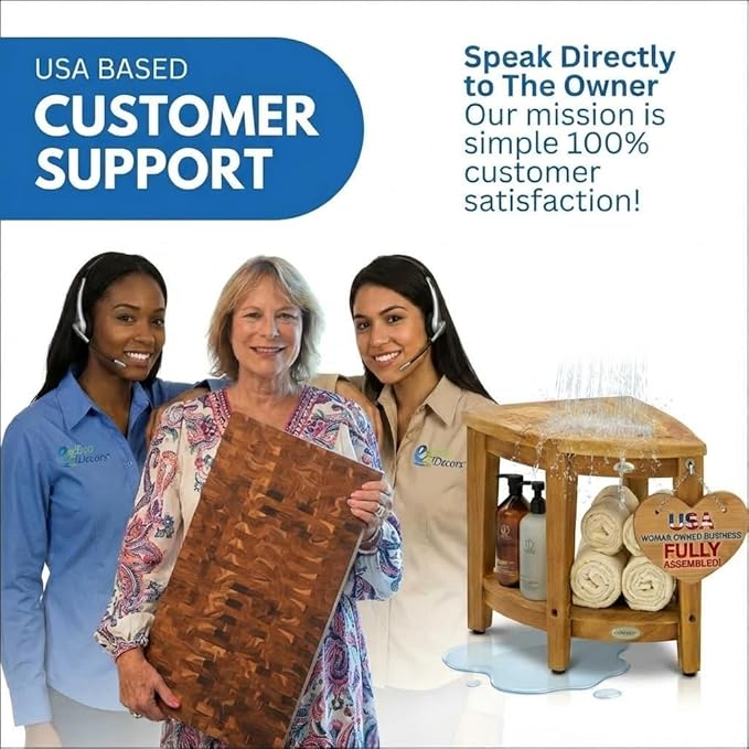 EcoDecors Corner Teak Shower Bench with Shelf – 16” x 18" Height- Teak Shower Stool with Shelf, Waterproof, 350lb Capacity Non-Slip | for Inside Shower | Tool-Free Assembly | Aging in Place
