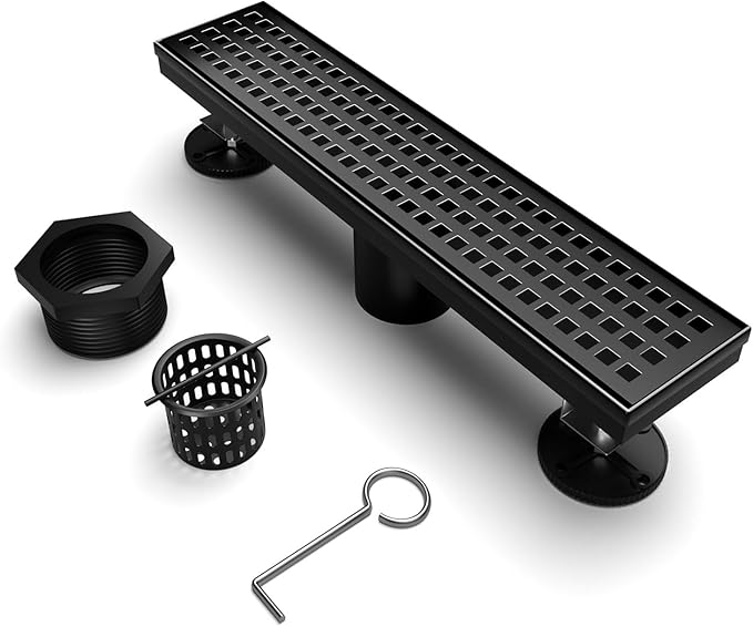 Linear Shower Drain 12 Inch Rectangular Floor Drain with Removable Square Hole Cover and Hair Catcher, Long Shower Drains 304 Stainless Steel CUPC Certified (Matte Black)