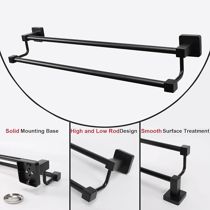 TocTen Double Bath Towel Bar - Thicken SUS304 Stainless Steel Towel Rack for Bathroom, Bathroom Accessories Double Towel Rod Heavy Duty Wall Mounted Square Towel Holder (Matte Black,16 INCH)