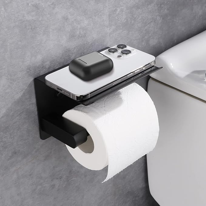 Adhesive Toilet Paper Holder with Phone Shelf Paper Tissue Holder Storage 304 Stainless Steel Wall Mounted Toilet Roll Holder Dispenser,Paper Holder with Shelf Bathroom Organizer White