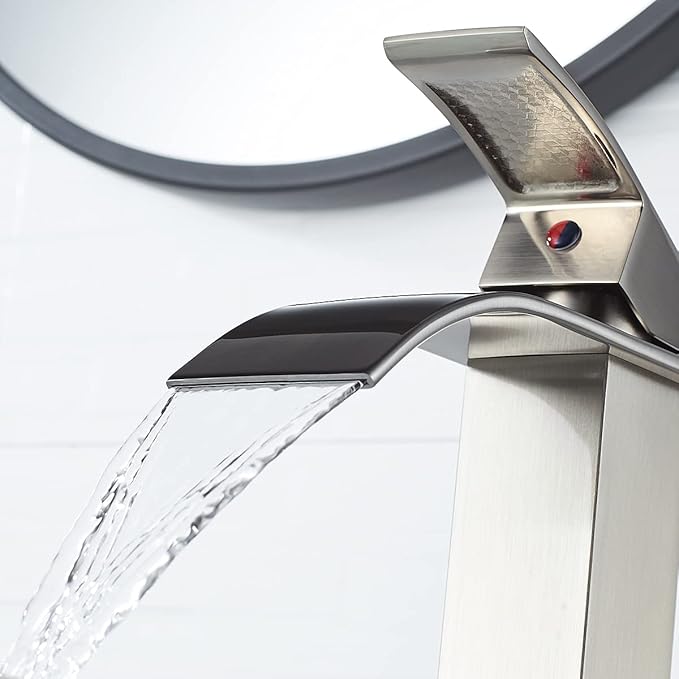VOTON Vessel Sink Faucet Brushed Nickel Modern Tall Waterfall Bathroom Sink Faucet with Pop-Up Drain Single Handle Bathroom Faucet 1 Hole Bowl Lavatory Vanity Faucet, Rv Sink Camper Farmhouse Faucet