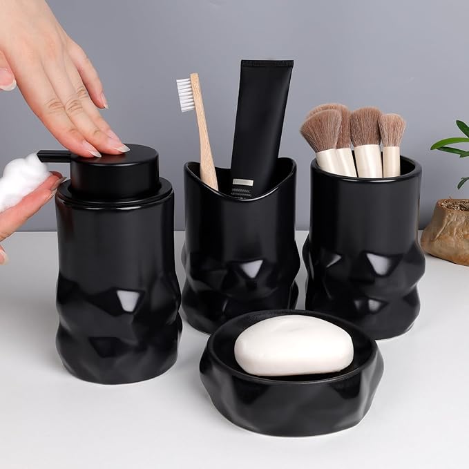 BosilunLife Modern Ceramic Bathroom Accessories Set, Bathroom Counter Set Matte Black Bathroom Decor Sets Accessories Bathroom Foam Soap Dispenser, Toothbrush Holder Set, Soap Dish, Apothecary Jars