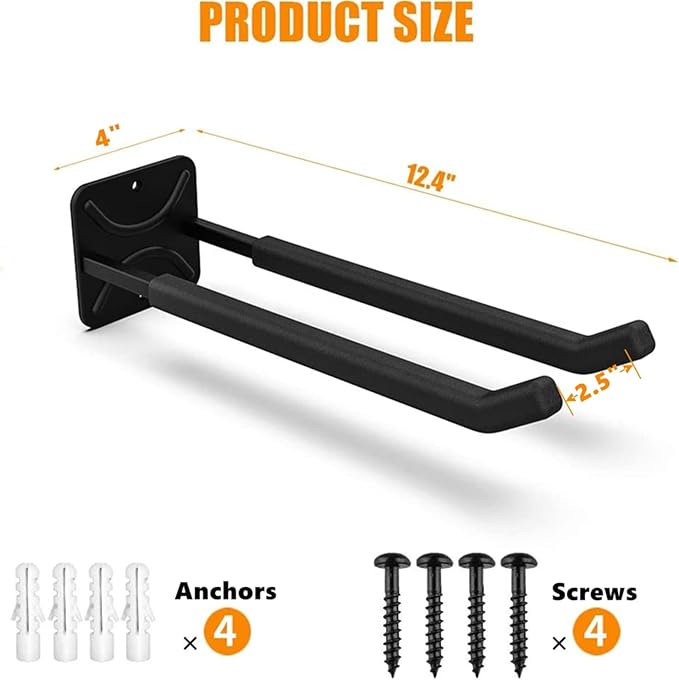 TORACK Garage Hooks Heavy Duty Tool Organizer, Wall Mount Hanger Rack Garage Storage Utility Hooks for Car Tires, Ladders, Chairs, Strollers, Power Tools, Garden Tools (2 Pack, 12.4" Hook)