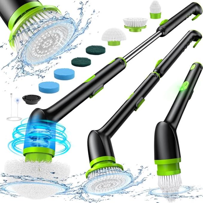 LyriFine Electric Spin Scrubber, 2024 New Full-Body IPX7 Waterproof Bathroom Cleaner Brush, Shower Scrubber with Long Handle & 2 Speed, Heads Replacement, Cleaning Supplies for Tub Shower Tile Floor