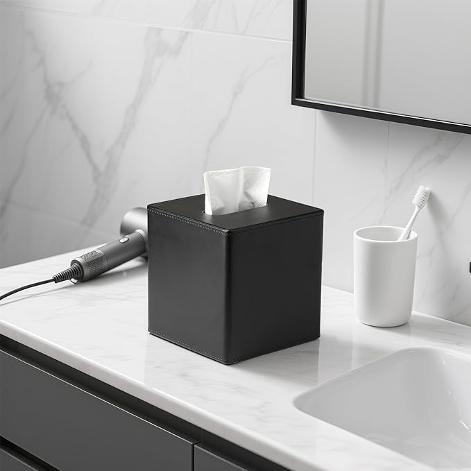 4 Pack PU Leather Tissue Box Cover Square Tissue Box Holder with Magnetic Closure, Black Tissue Box Cover, Black Tissue Box Holder, Decorative Tissue Holder for Bathroom Bedroom Office
