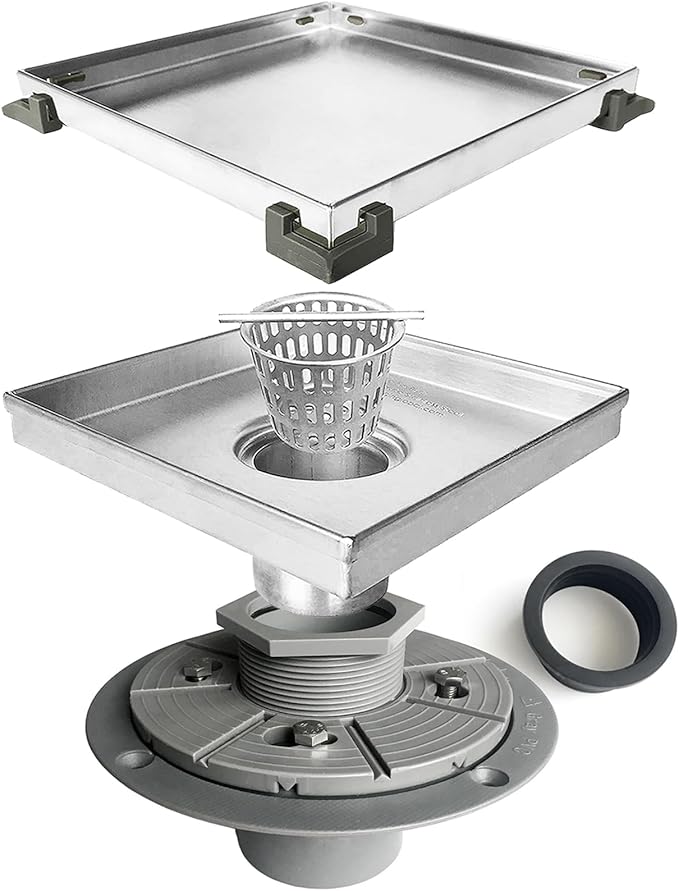 Neodrain 6-Inch Square Shower Drain with Tile Insert Grate, Professional Brushed 304 Stainless Steel Rectangle Shower Floor Drain Manufacturer, Floor Shower Drain with Shower Drain Base