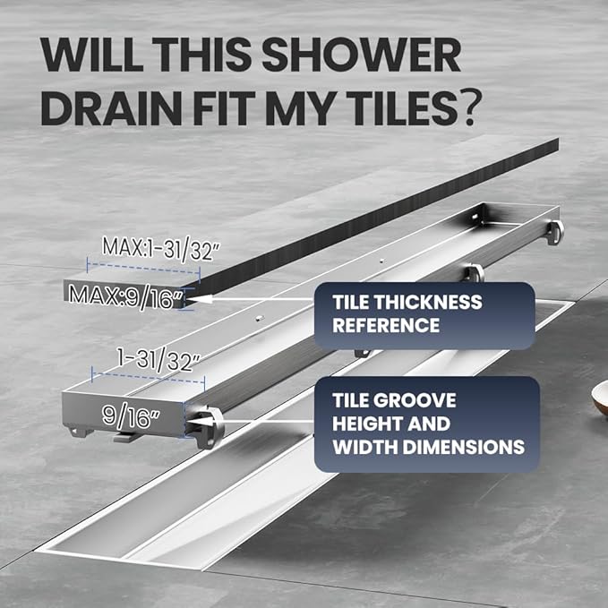 Linear Shower Drain 32 Inch, Brushed AISI 304 Stainless Steel Shower Drain with 2-in-1 Tile Insert Panel, for Bathroom, Kitchen, Garage & More