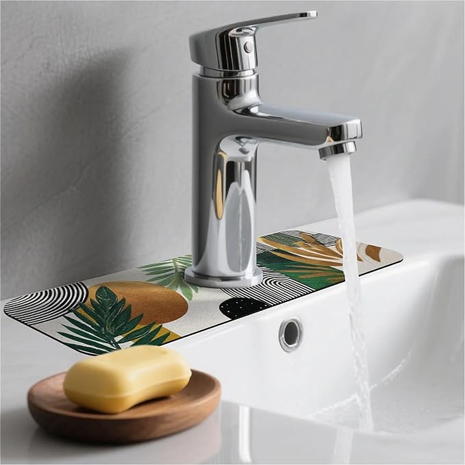 Kitchen Sink Splash Guard，Sun plant Lines Faucet Mat Sink Gadgets-Super Absorbent Fast Drying Mat Drip Catcher for Kitchen, Bathroom,Sink Mat, Dish Drying Mat, Bathroom(15" X 5.5" )