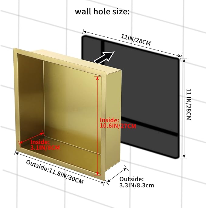 12"×12" Shower Niche Brushed Stainless Steel, Recessed Shower Caddy, Bathroom Shelf Insert Fits for 11"x11" Wall Hole Installation (Gold)