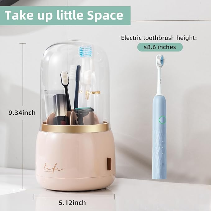 Toothbrush Holders for Bathrooms, Rotating 7 Slots Electric Toothbrush Holders with Cover, Countertop Toothpaste Organizers (Pink)