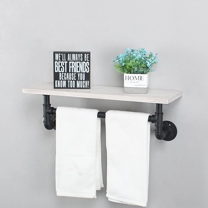 MBQQ Black & White Shelving Bathroom Pipe Shelves with Towel Bar Over Toilet, 24 inch Pine Wood Floating Shelves for Wall Mounted Bedroom,Kitchen, Farmhouse, Living Room