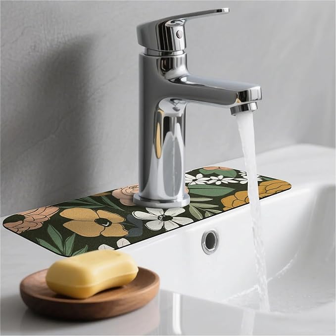 Kitchen Sink Splash Guard，Vintage Large Floral Faucet Mat Sink Gadgets-Super Absorbent Fast Drying Mat Drip Catcher for Kitchen, Bathroom,Sink Mat, Dish Drying Mat, Bathroom(15" X 5.5" )