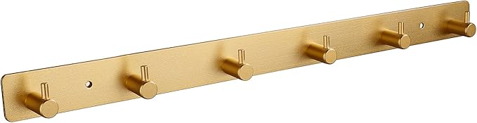 Adhesive Bathroom Gold Hook Rail, 6 Brushed Gold Wall Key Hooks Rack Hanger Towel Robe Stick Door Hooks for Bathroom Toilet Entryway Hallway Kitchen Wall Mounted