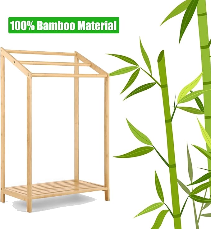 HYNAWIN Bamboo 3 Tier Towel Rack for Bathroom, Freestanding Beach Towel with Storage Shelf, Poolside Rack with Bottom Organizer for Bath, Hand Towel, Laundry