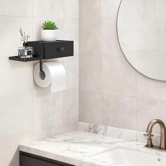 Lifewit Toilet Paper Holder with Shelf and Drawer, Screw or Adhesive Wall Mount Tissue Roll Storage, Dustproof & Flushable Bathroom Wipes Dispenser Organizer, Black, 1 Pack
