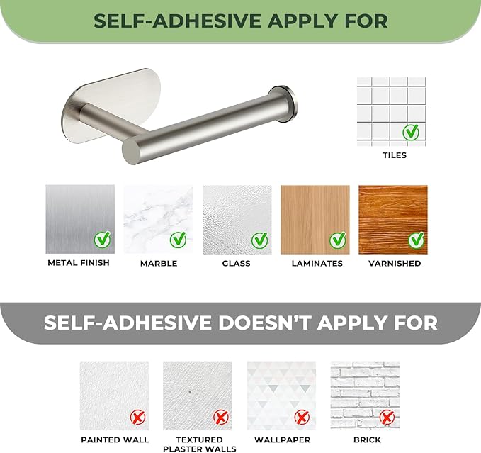 1 Pack Adhesive Toilet Roll Stand - Brushed Nickel SUS304 Stainless Steel, Rustproof Toilet Paper Holder No Drilling Tissue Holder for Kitchen Bathroom Wall Mount