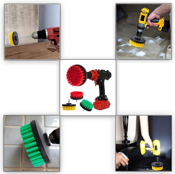 HIFROM Drill Brush - 2" Soft and 3" 4" Medium Power Scrubbing Brush Drill Attachment for Cleaning Showers Tubs Bathrooms Tile Grout Carpet Tires Boats Upholstery (Pack of 3)