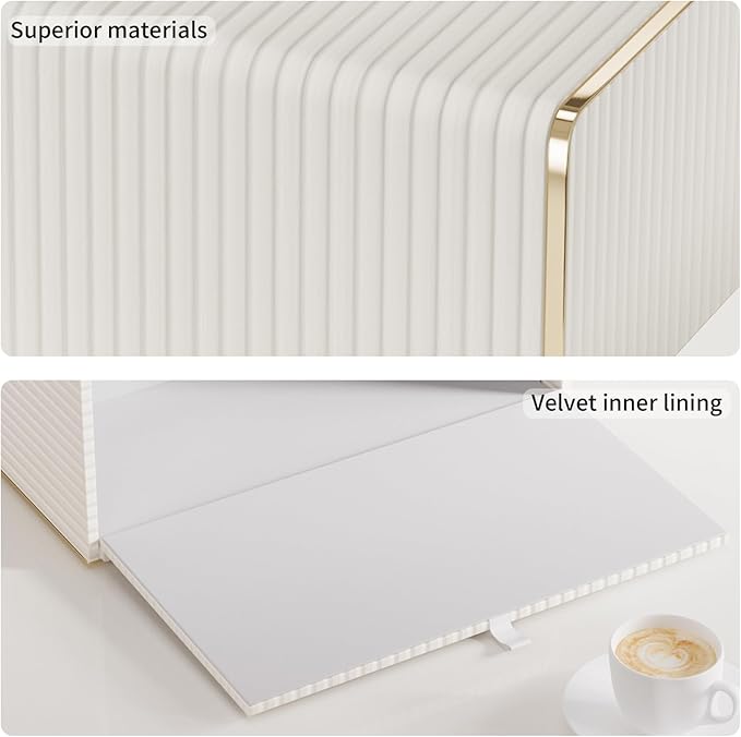Tissue Box Cover,White Rectangle Leather Tissue Box Holder with Gold-Tone Edging Decoration,Decorative Tissue Cover for Bathroom Toilet Bedroom Living Room Table Desk Office (White, Rectangle)