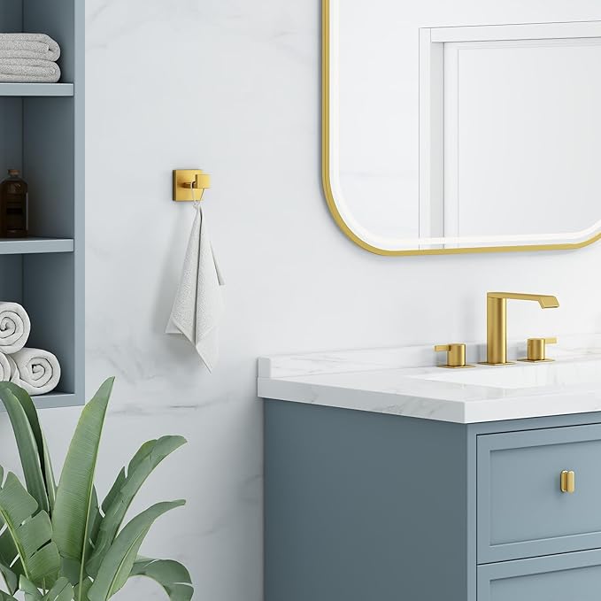 Angle Simple Towel Hook Brassy Gold 2 Pack, 304 Stainless Steel Square Robe Hook for Bathroom