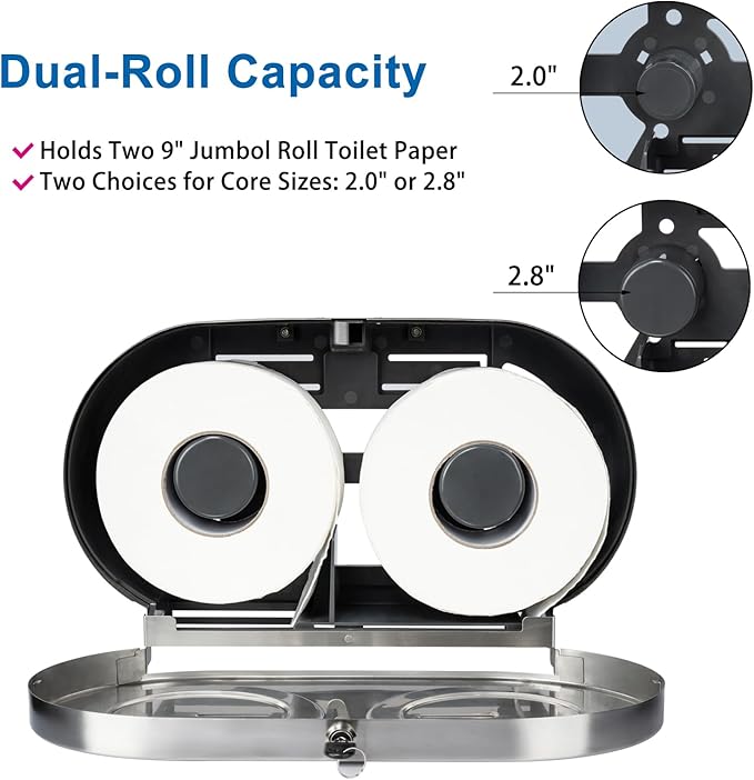 Twin Jumbo Toilet Paper Dispenser Wall Mount, 9" Commercial Stainless Steel Double Roll Toilet Paper Holder, Industrial Large Tissue Dispenser with Lock, Brushed