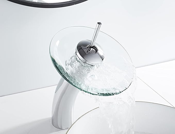 Bathroom Vessel Faucet Chrome Waterfall Glass Spout Single Handle One Hole Bowl Sink Faucet Tall Body Vanity Lavatory Basin Mixer Tap with Supply Hose Deck Mount Commercial